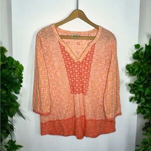 LUCKY BRAND Boho Tapestry Floral Print V Neck Popover 3/4 Shirt